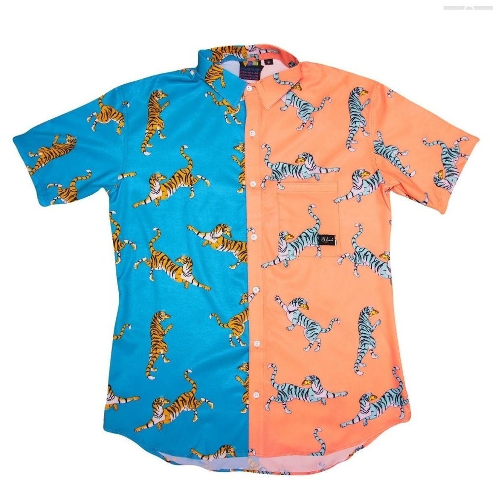 BFresh Mens Shirt Size L Two-Tone Blue Peach Pizza Tiger Split Print Funky Beach